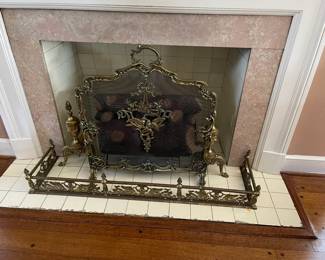 English fireplace brass, firescreen, fender and andirons