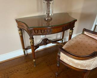Console table with inlay surface details and glass top, silk brocade upholstered dressing table chair