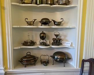 Glorious silver plate, including Edwardian biscuit barrels, Old English Egg Boiler circa 1880 with chased top and a 5 cup Egg Cruet with salt, fancy border, circa 1820, Georgian, Old Sheffield.