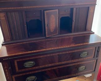 Mahogany Hepplewhite desk with tambour doors and folding writing surface, inlaid with burl walnut, circa 1876