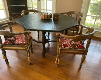 Vintage eight sided game table, 4 Hibriter chairs with seat pads