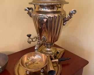 #2 Vintage brass Samovar with tray and bowl