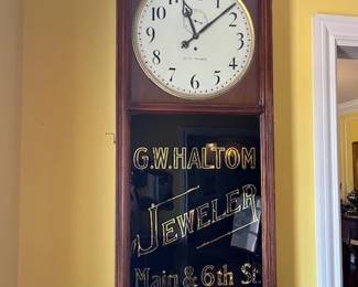 This regulator clock hung in Haltom's Jewelers Store in downtown Ft. Worth until 1983 when the family sold the business. The clock has always kept perfect time and in fact, railroad workers would come to the shop to set their clocks by this clock!