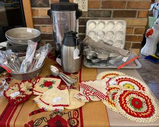 Baking items, beverage dispenser, thermos and handmade kitchen hot pads. Oneida flatware