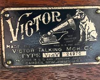 Victor V models without a suffix letter after the serial number and are designated as "Type Vic V" on the dataplate were made prior to 1909. The Victor V featured a full-size 12-inch turntable and an exceptional triple-spring motor with heavy and oak cabinet and Tapered Arm configuration. It also had the largest standard horn of any other Victor models. It sold new for $60.00, which equates to approximately $1,850.00 in today's money. (This info comes from the Victor Victrola Page)