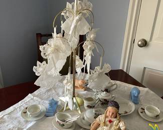 Metal Christmas tree with handmade linen angels, child tea set, vintage doll, vintage baby toys