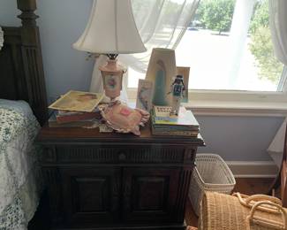The second vintage bedside table, vintage ceramic lamp, vintage books, doll