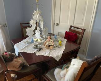 Antique mahogany game/tea table with swivel folding top and one drawer, Victorian, mahogany dining chairs, six in total with one needing repair