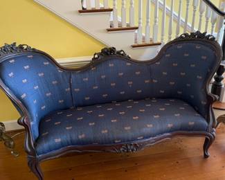Antique Victorian Rosewood Sofa, blue upholstery with gold dragonfly details, Circa 1860. This piece has been re upholstered