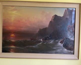 Beautiful oil on canvas with some damage at the lower corners. This piece is located in the upper landing area