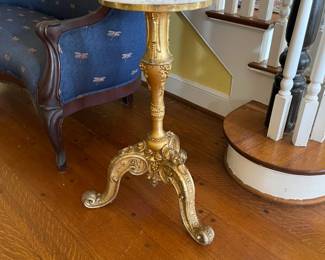 19th century gold leaf, marble top pedestal base table, three legs