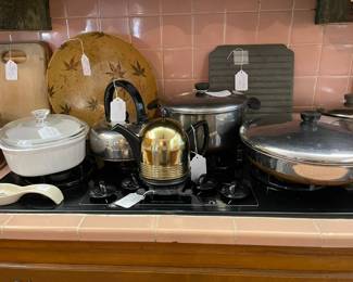 Pots and Pans, Corelle, ceramic tea pot with metal cover, vintage bowl