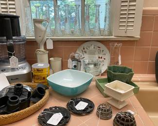Vintage Pyrex, trivets, Vintage Haeger and McCoy planters, vintage bud vases