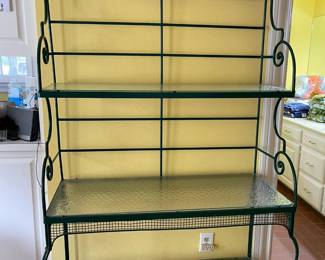Large metal bakers rack with three glass shelves