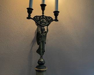 Brass and marble base three lite candelabra with figure, 23 1/2" tall