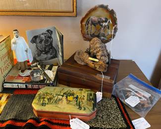 Italian hand blown Dentist, vintage tin, handmade quartz slice with horses. There is also a copper inset piece