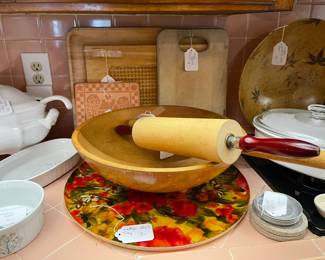 Vintage tray, wood salad bowl, rolling pins and more chopping boards
