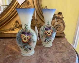 English Bristol Glass vase, hand painted pansies