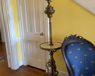 Antique brass with pink marble piano lamp, 69" tall