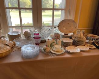 Vintage, Cut glass punch bowl, vintage glass plates, Limoges Wild Roses, Limoges crack egg vase, breakfast set made by Crown Staffordshire and sold by Tiffany and Co. circa 1930