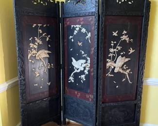 Antique Japanese three panel modesty screen with soap stone and mother of pearl inlay and heavily carved