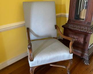 Martha Washington upholstered chair, blue upholstery
