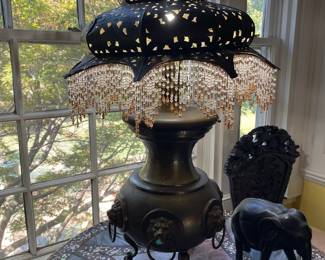 Antique Japanese brass lamp, footed w/6 lion heads and pierced brass shade and beaded fringe, Circa 1900, 37" tall