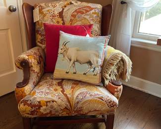 Vintage upholstered maple wing back chair and cushions