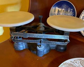 Antique Scale made by Ohous, double beam metal with milk glass pans