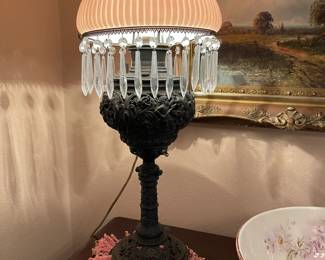 Metal base table lamp with prisms and original glass shade