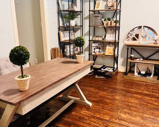 Farm style office desk, shelves, and decor