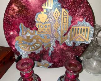 Unique maroon and gold serving plate with matching candle sticks