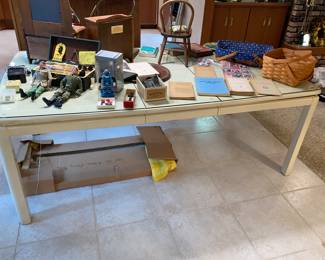 80’s cream/off white dining table with rad gold trim