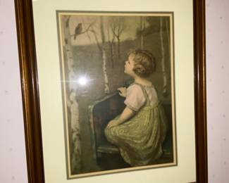 Girl and a blue bird Vtg. Art print