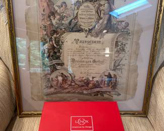 Antique framed certificate