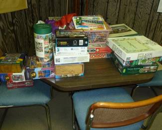 vintage table,chairs, and puzzles