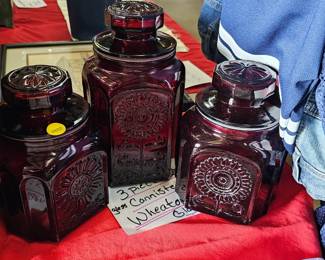 3 PC RED WHEATON GLASS CANISTER SET