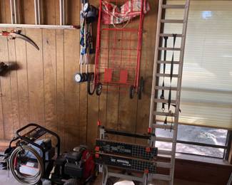 Ramps, power washer and compressor. 