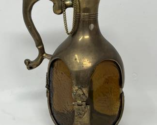 Lot 8 | Amber Glass Bottle Jug in Brass Case w Handle
