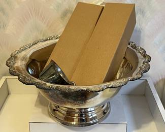 Lot 46 | Large Silverplate Punch Bowl with Mugs Cups
