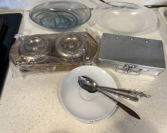 Lot 120 | Silverplate & Acrylic Servers, Tin Box, Glass
