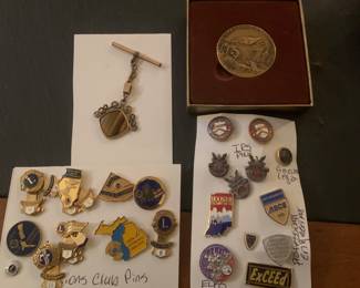 Lions Club pins, Treasury Dept/IRS pins, Elks, American Legion, engineering pins, state park coin