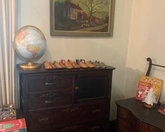 Antique dresser, globe, shoe stretchers, painting