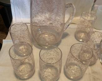 MCM Hazel Atlas Pink Spaghetti String Pitcher and glasses