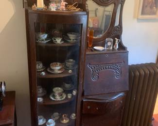 Antique secretary, tea cup collection