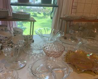 Serving pieces, carnival glass, Fostoria, Cambridge candle holders