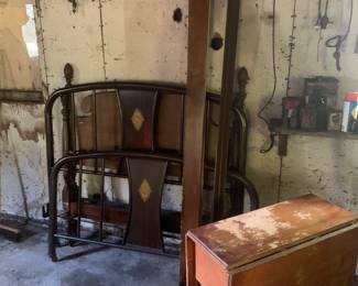 Old metal bed, old drop leaf table