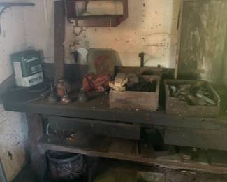 2 long work benches, old tools