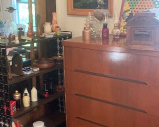 Nice dresser, book shelf, small oil lamps, misc items