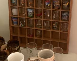 Shot glass collection, steins
